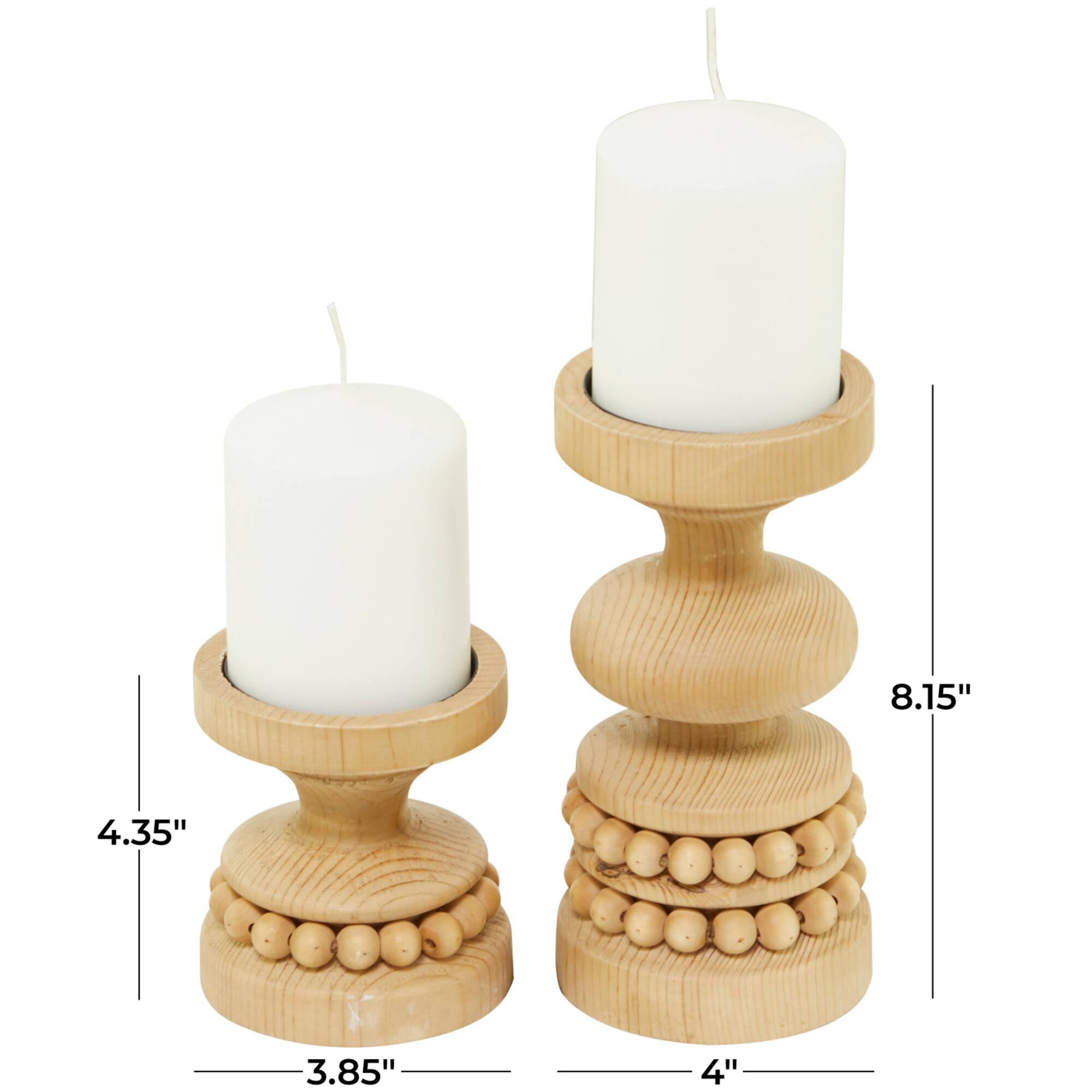 Wood Beaded Pillar Candle Holder Set